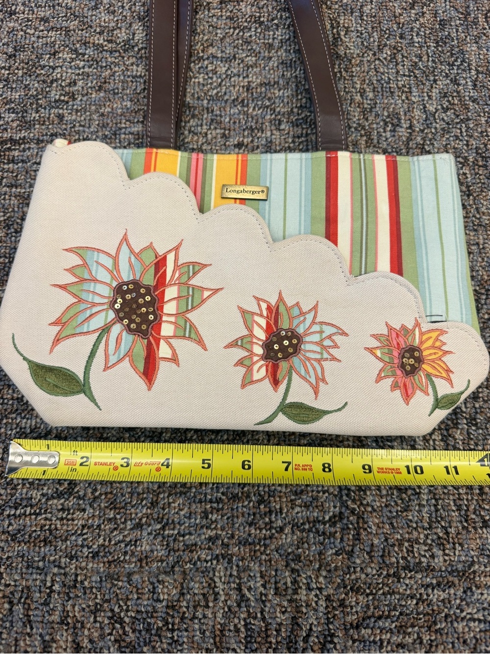 Longaberger Cream Canvas Floral Appliqué Tote with Multicolor Stripes Sunflower - Picture 8 of 12